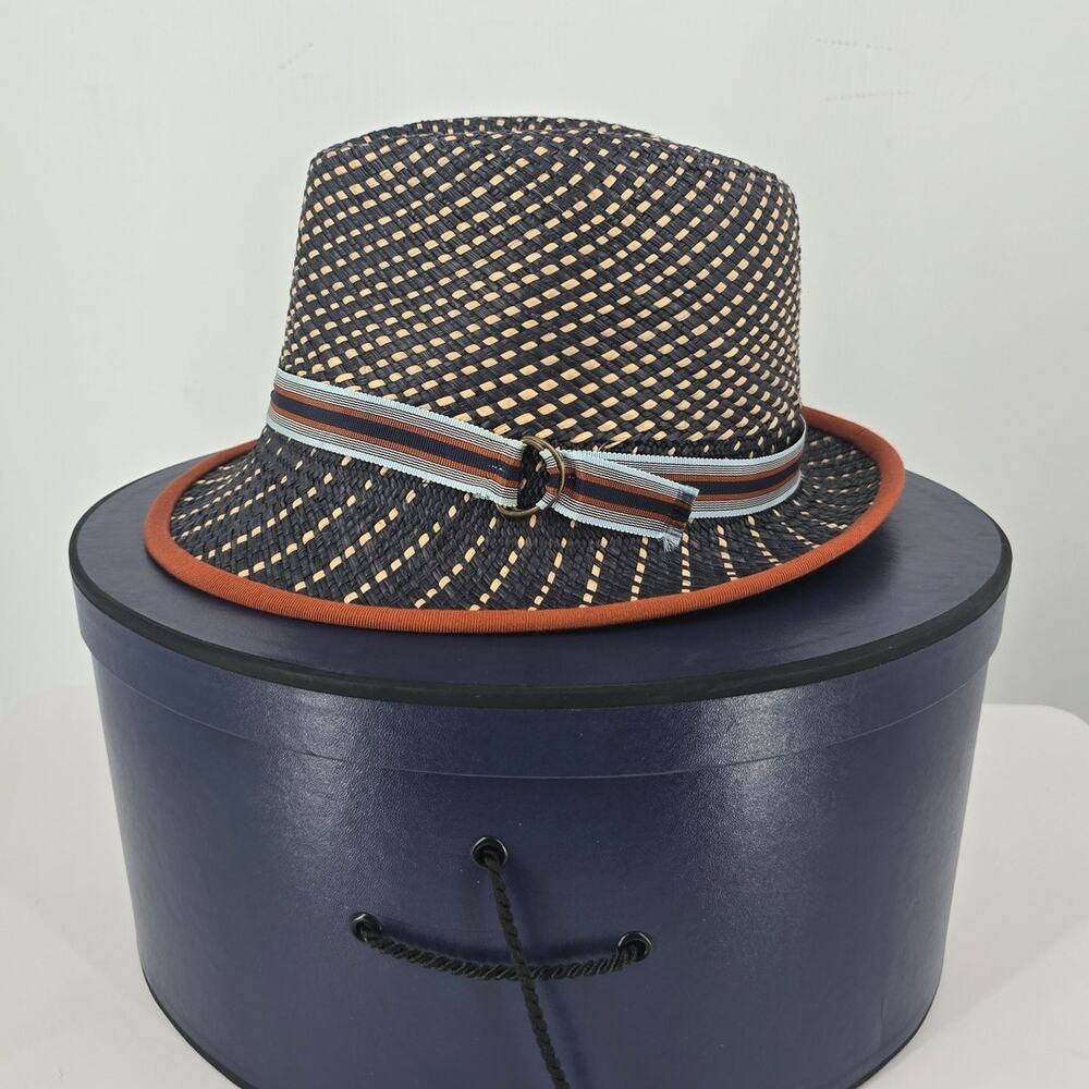 Rod Keenan New York Woven Straw Panama Fedora Hat Blue Cream Brown